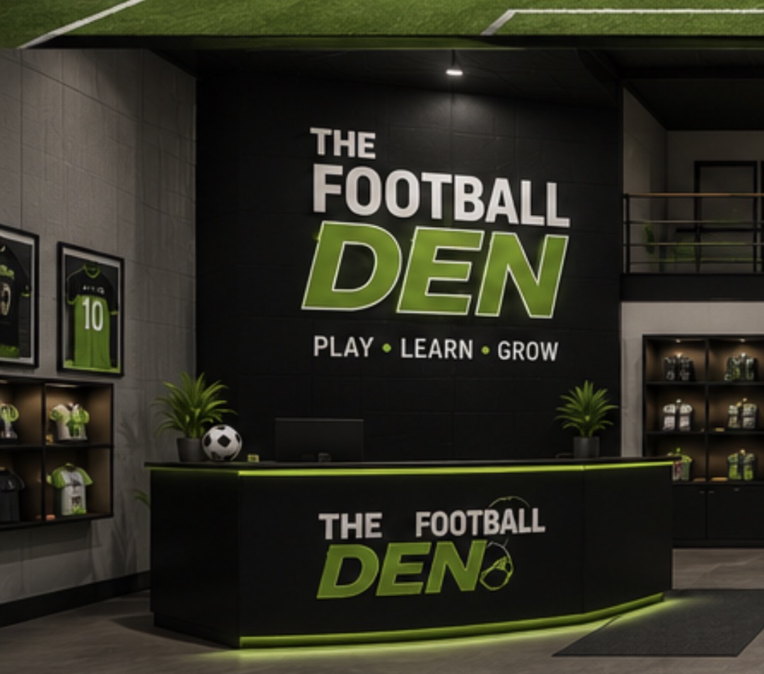 The Football Den reception with club shop and trophy displays